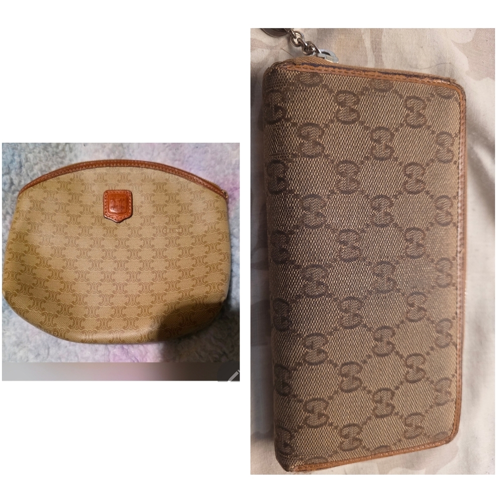 Celine Tan Monogram Cosmetic Pouch W/free Used Gucci Wallet